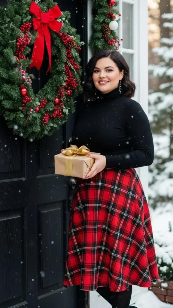 4. Plaid Midi Skirt with a Fitted Turtleneck