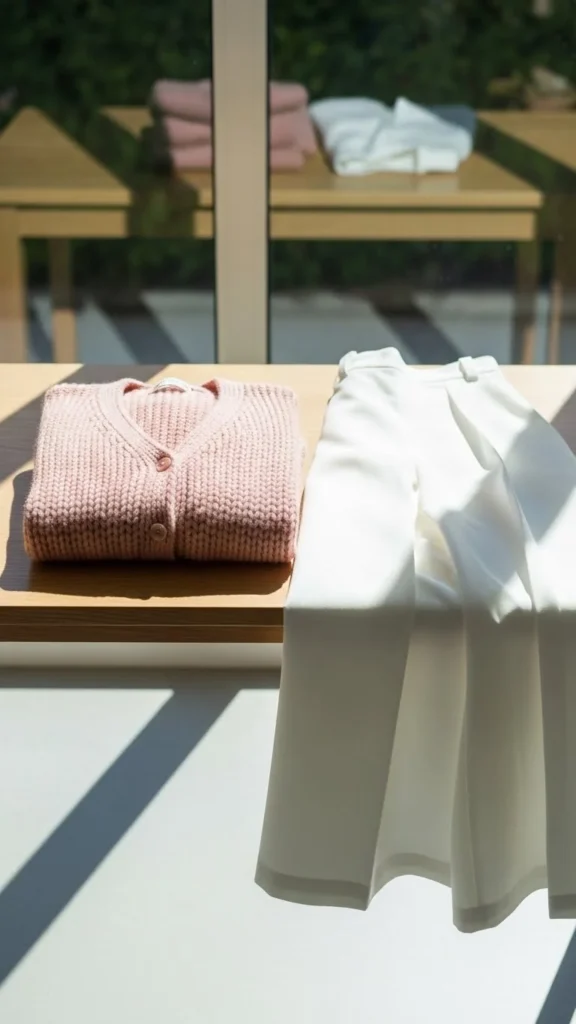 4. Soft Pink Cardigan With White Wide-Leg Pants