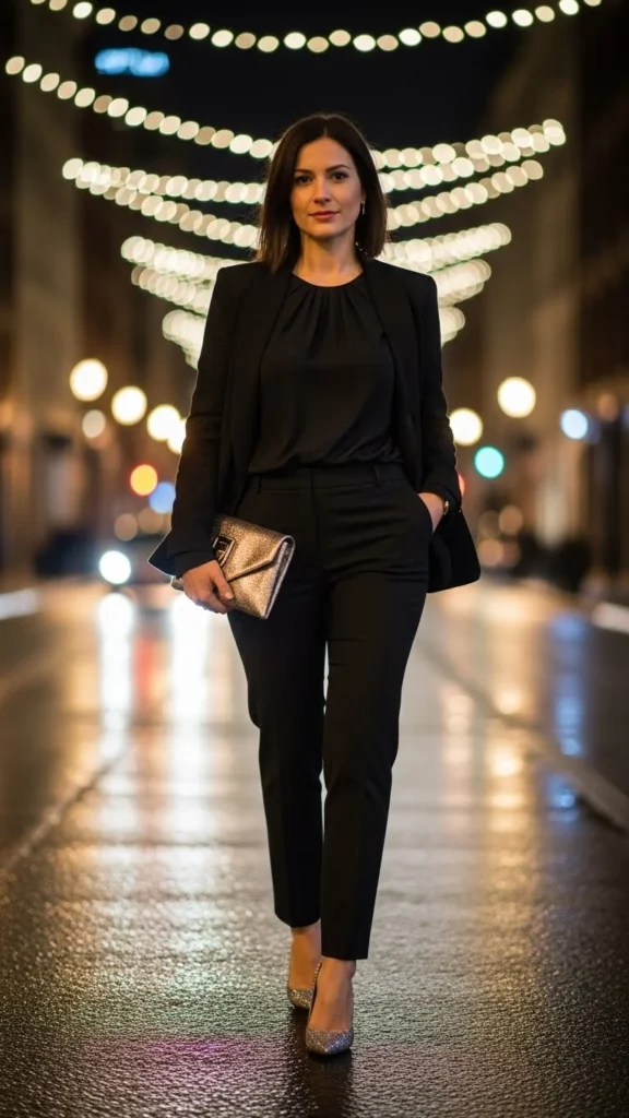 5. All-Black Outfit with Shimmer Accessories