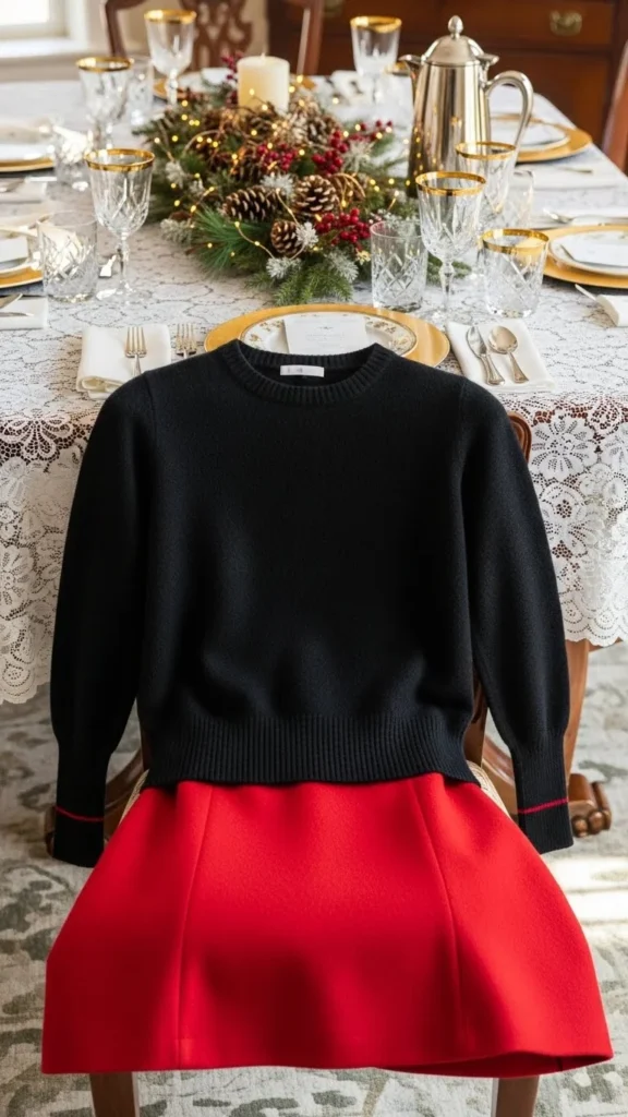 5. Black Sweater With Red A-Line Skirt