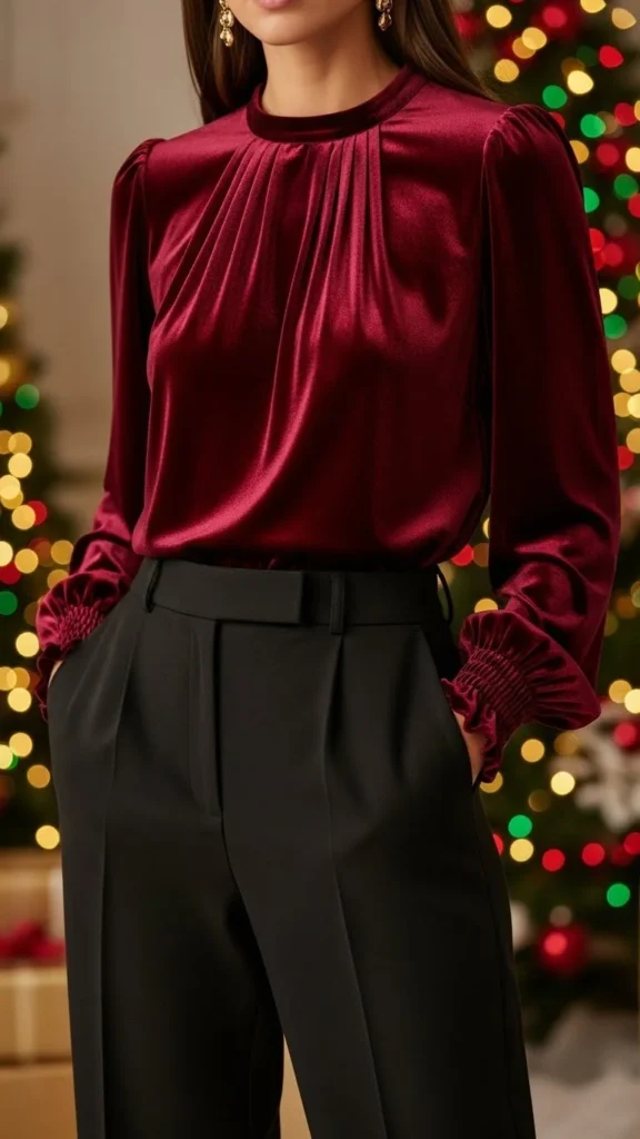5. Burgundy Velvet Top With Black Pants