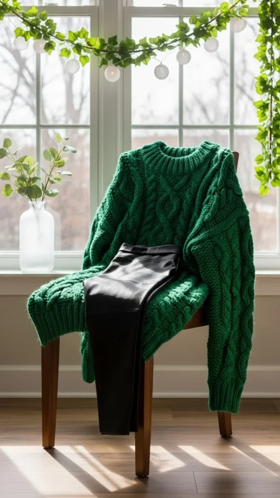 5. Oversized Green Sweater + Leather Leggings