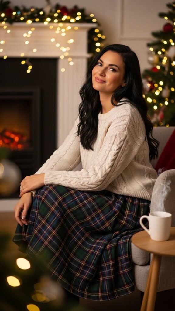 5. Plaid Skirt With Soft White Sweater