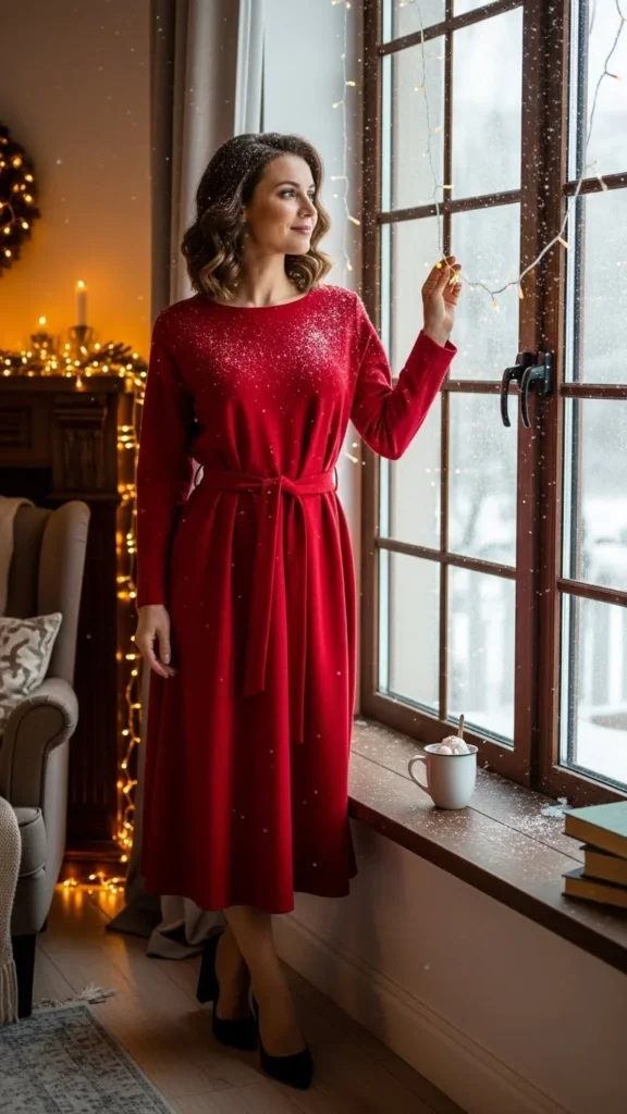 5. Red Midi Dress with Belt