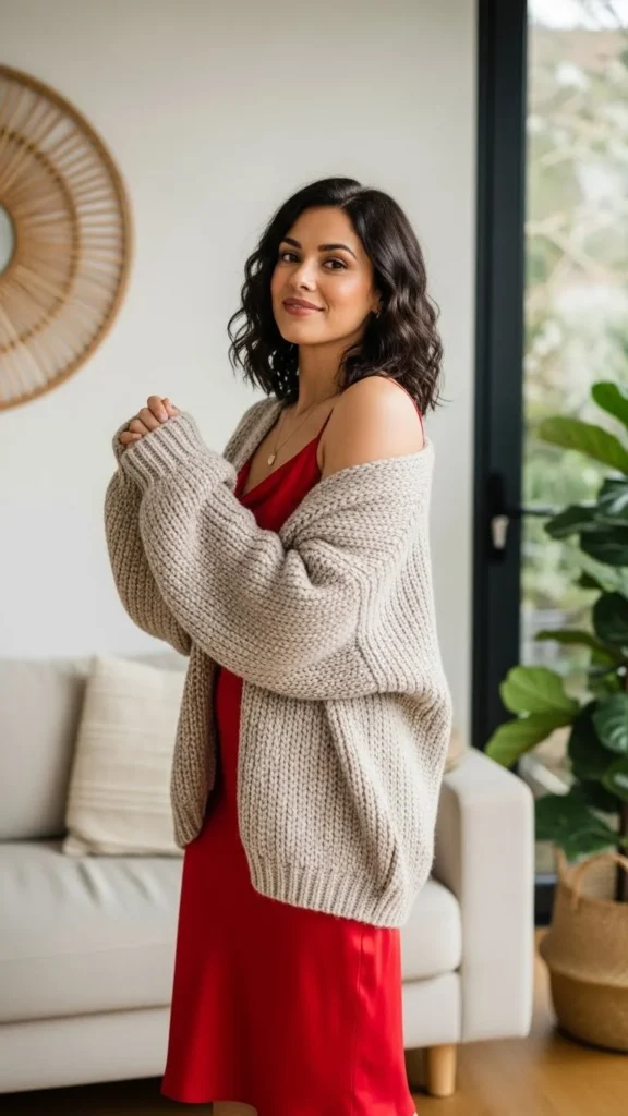 5. Red Satin Slip Dress With Chunky Cardigan