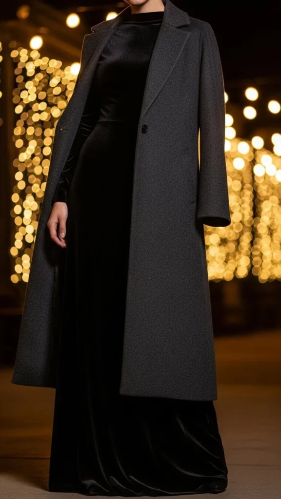 5. Velvet Maxi Dress With a Long Coat