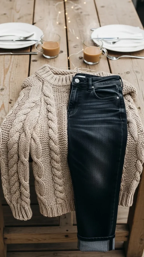 6. Chunky Beige Knit With Dark Denim