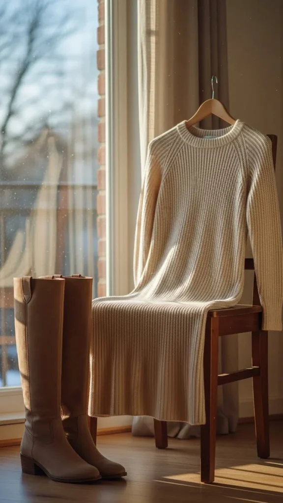 6. Cream Knit Dress With Knee-High Boots