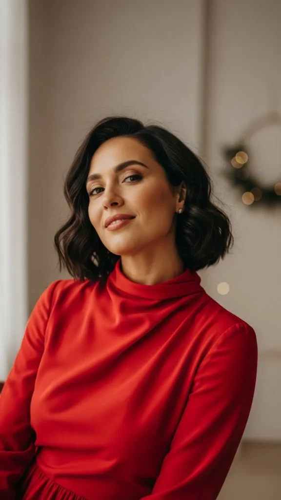 6. High-Neck Red Dress With Sleek Hair