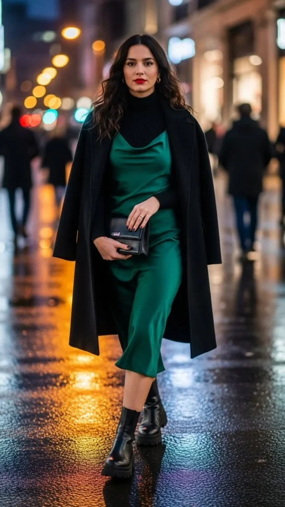 6. Satin Slip Dress with Chunky Boots