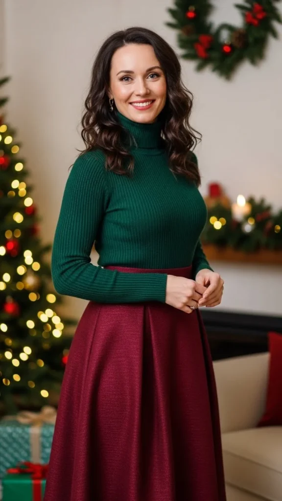 6. Turtle-Neck Top With an A-Line Skirt