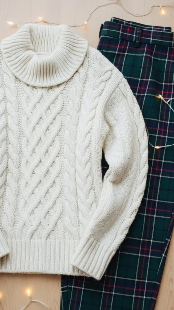 6. White Cable-Knit Sweater + Plaid Pants