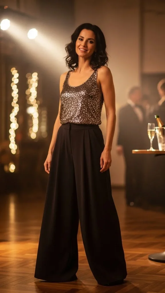 6. Wide-Leg Trousers and Sparkle Tank