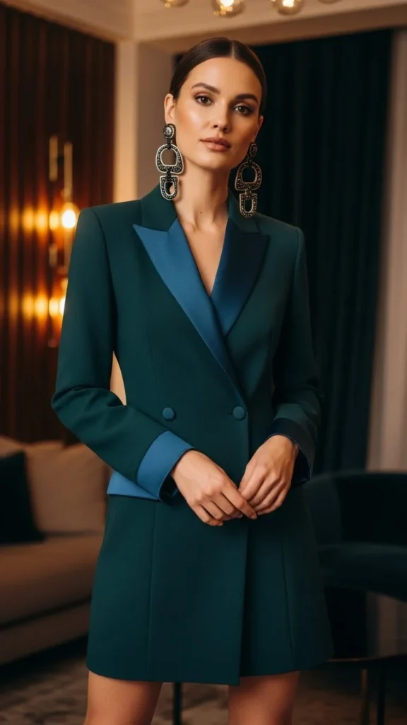 7. Blazer Dress with Festive Earrings