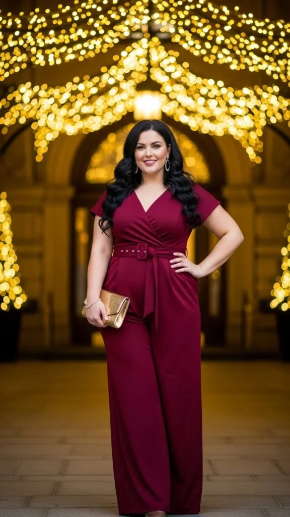 7. Burgundy Jumpsuit with a Gold Clutch