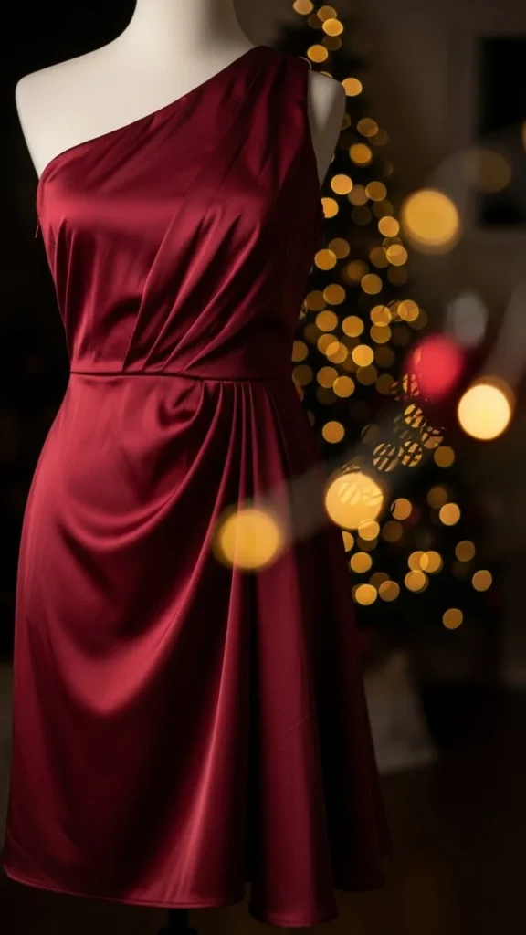 7. Burgundy One-Shoulder Dress