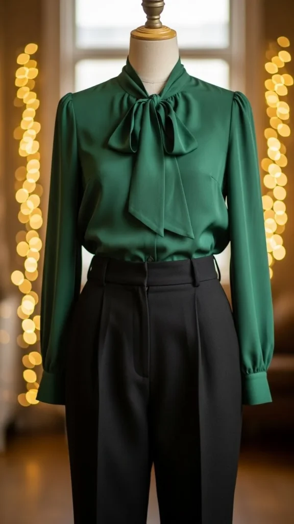 7. Forest Green Blouse With Black Trousers