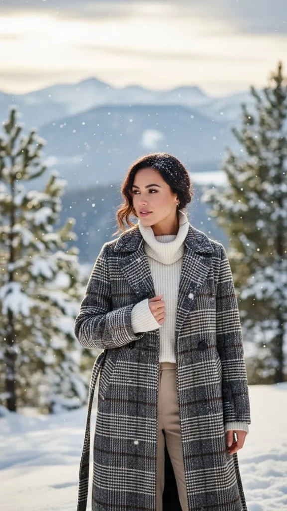 7. Long Plaid Coat Over Simple Separates