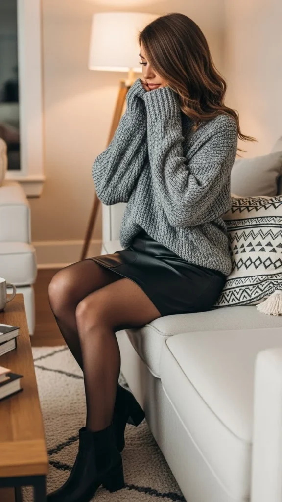 8. Faux Leather Skirt and Knit Top