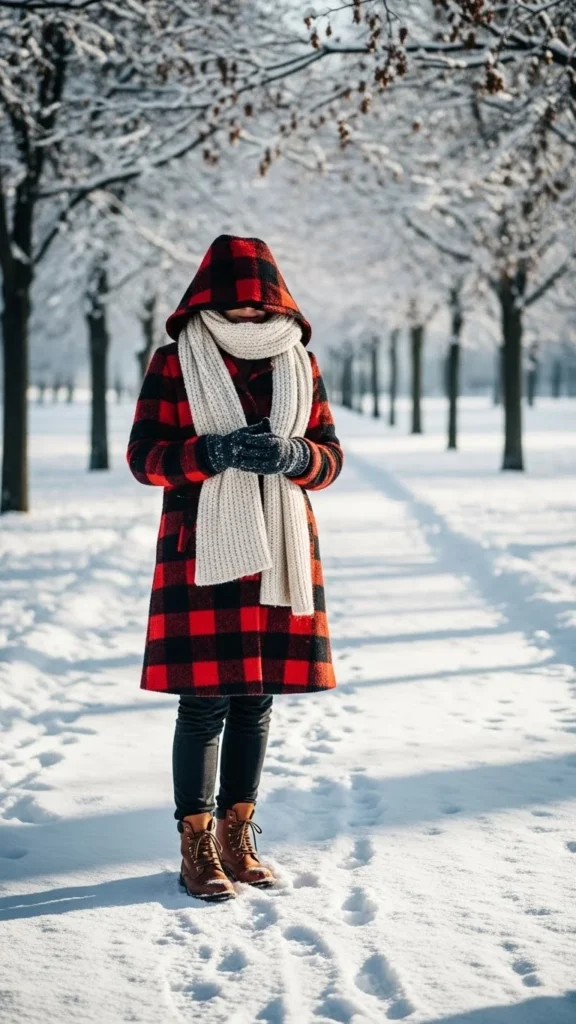 8. Plaid Coat Snow Scene