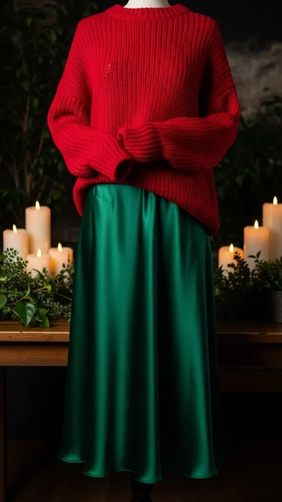 8. Red Sweater + Satin Midi Skirt