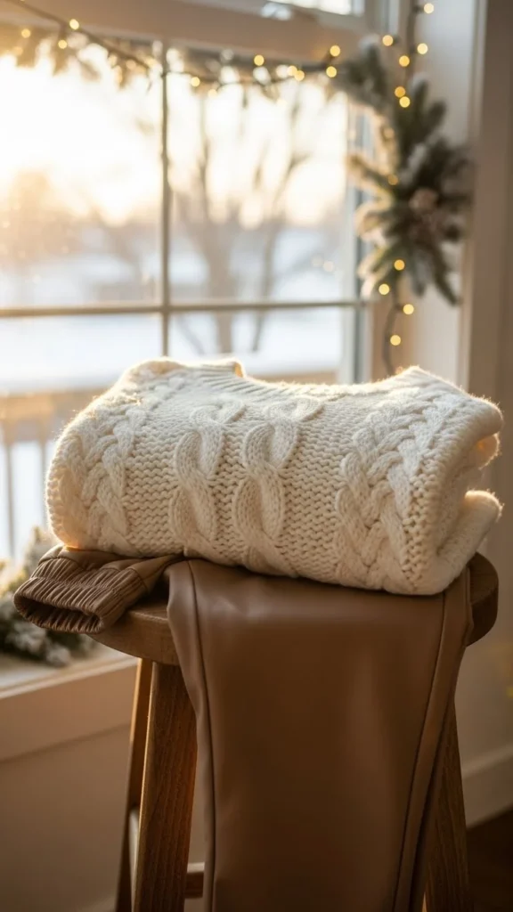 8. White Sweater With Brown Faux-Leather Pants