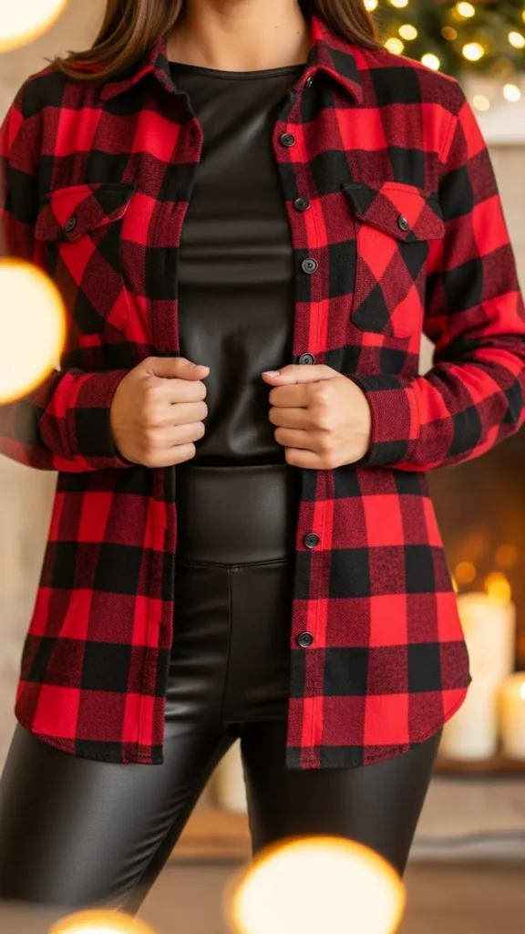 9. Flannel Shirt With Faux Leather Leggings