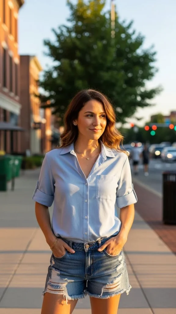 Button-Up Shirt with Denim Shorts