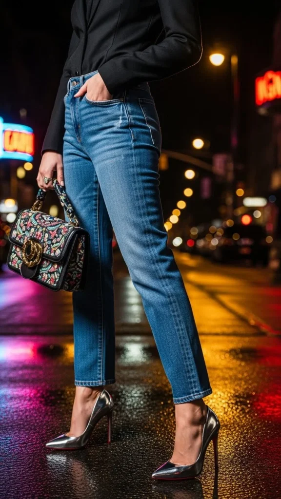 Denim with Heels and Bold Bag