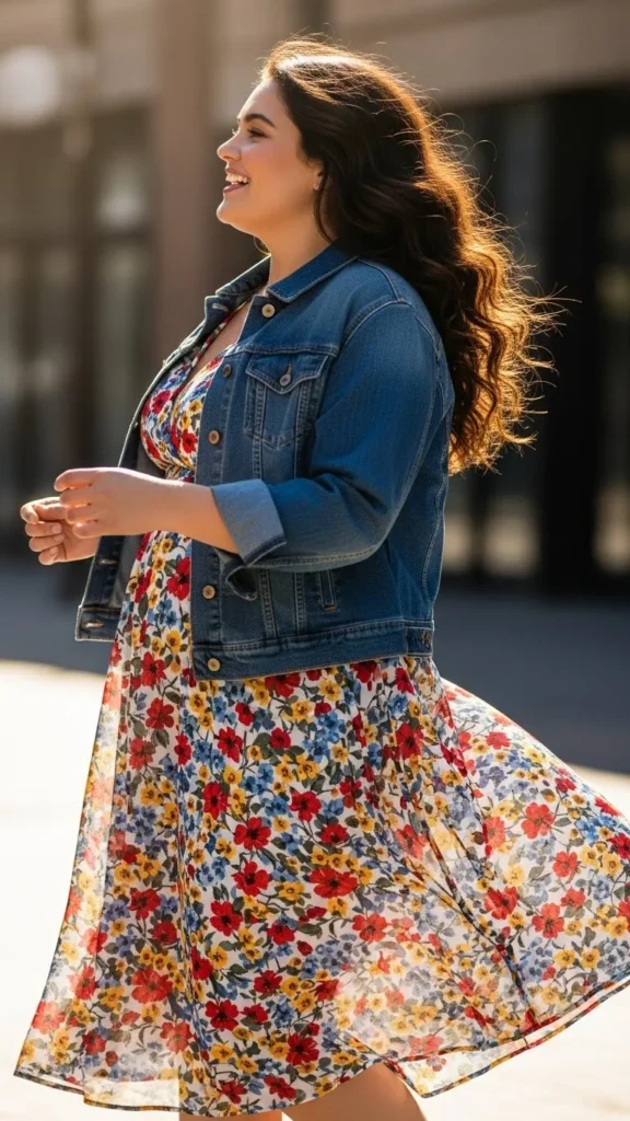 Flowy Midi Dress with Denim Jacket