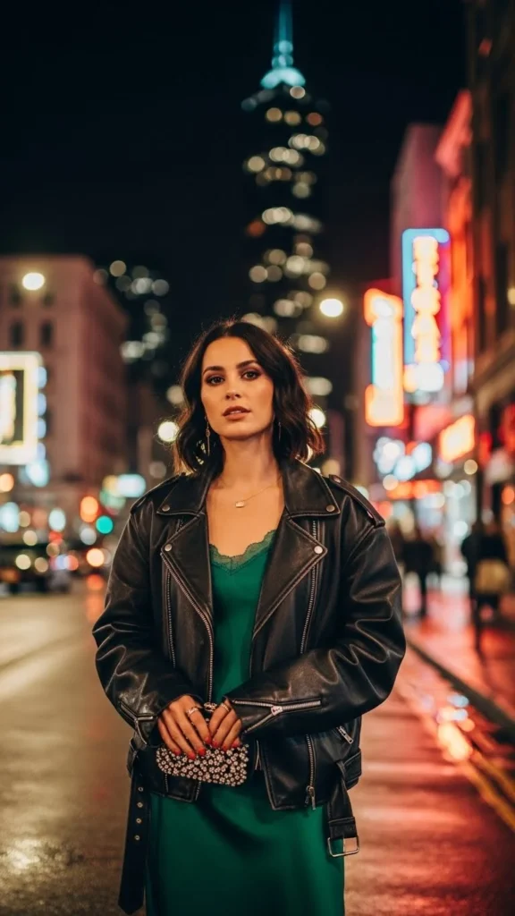 Slip Dress with Leather Jacket