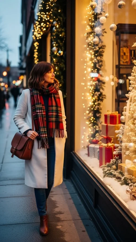 White Coat and Plaid Scarf