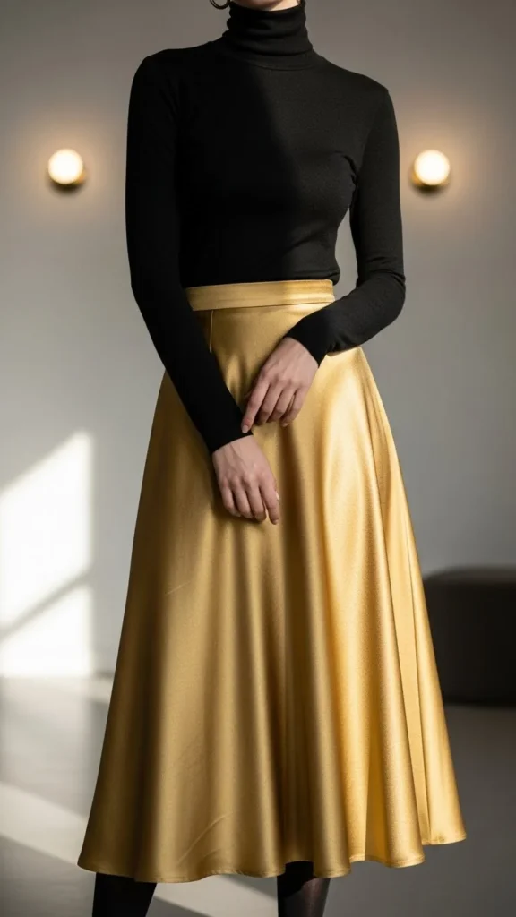 11. Black Turtleneck with Gold Midi Skirt