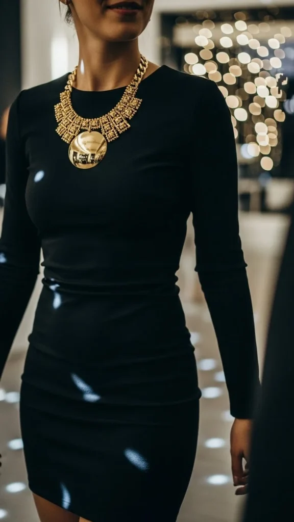 12. Black Mini Dress with Gold Statement Necklace