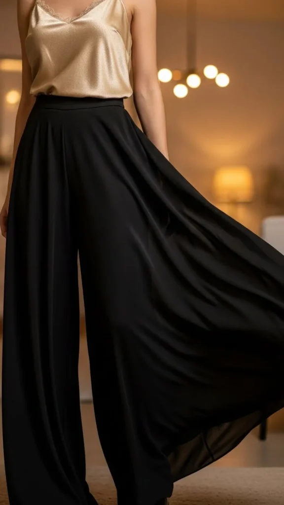 13. Black Wide-Leg Pants with Gold Camisole