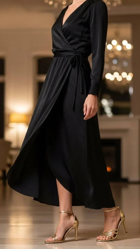 14. Black Wrap Dress with Gold Sandals