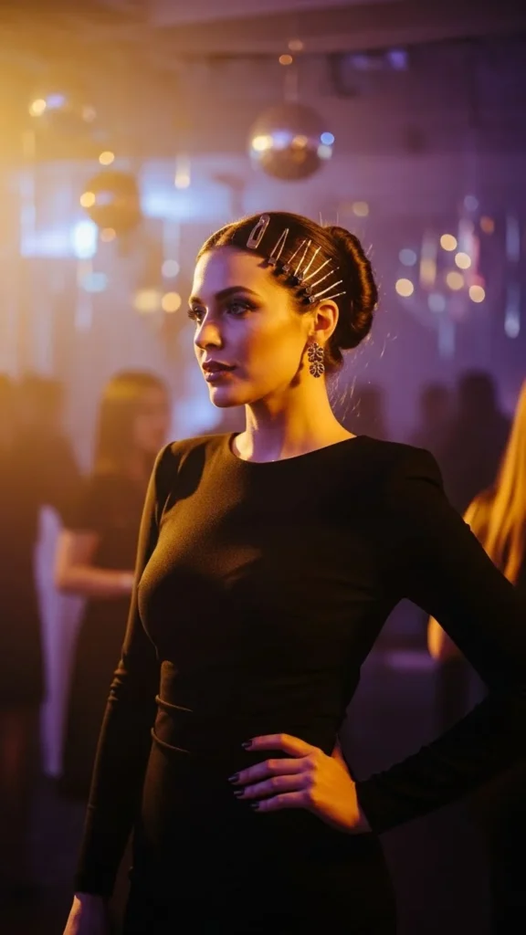 15. Black Bodycon Dress with Gold Hair Accessories