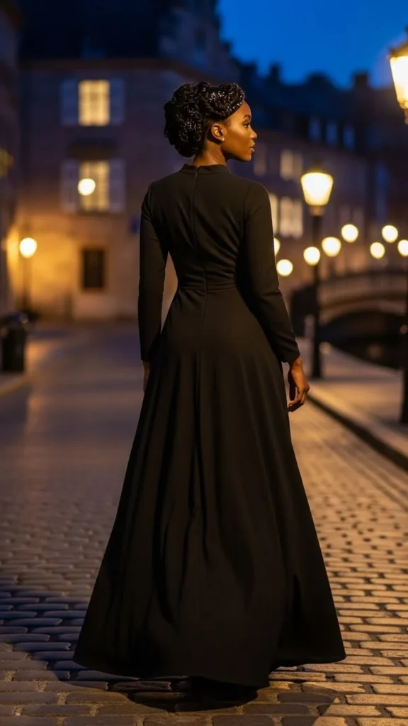 17. Black Maxi Dress at Night