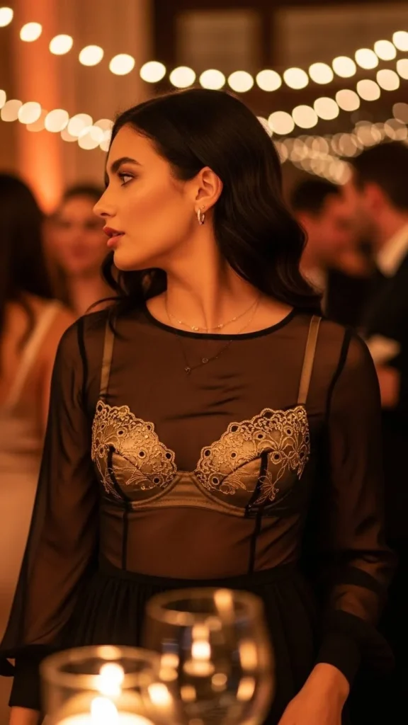 17. Black Sheer Top with Gold Bralette