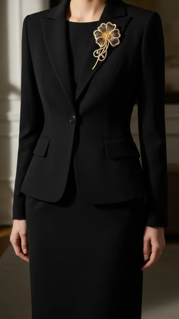 18. Black Skirt Suit with Gold Brooch