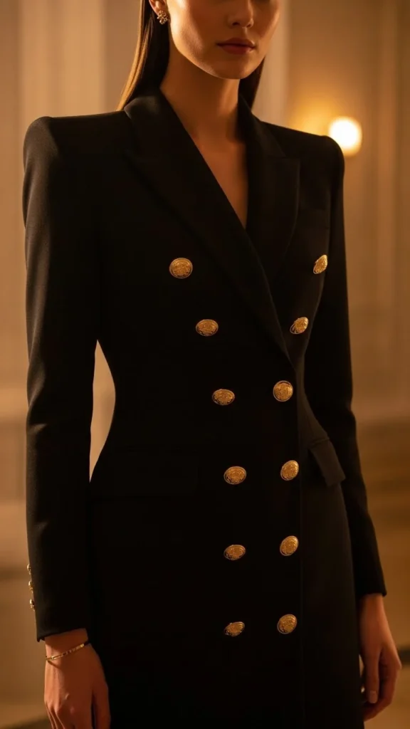 2. Black Tailored Blazer Dress with Gold Buttons