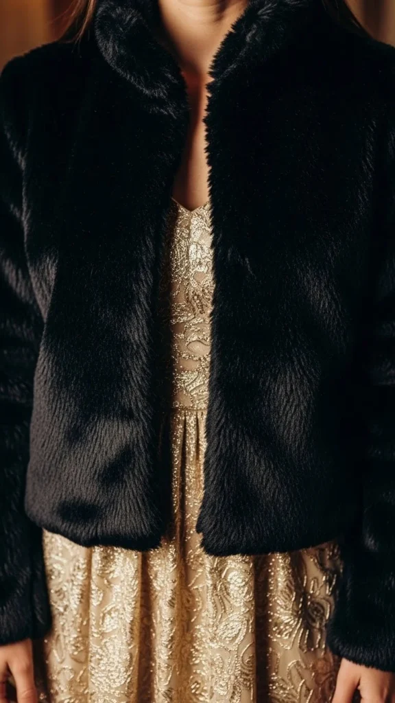 20. Black Faux Fur Jacket with Gold Dress
