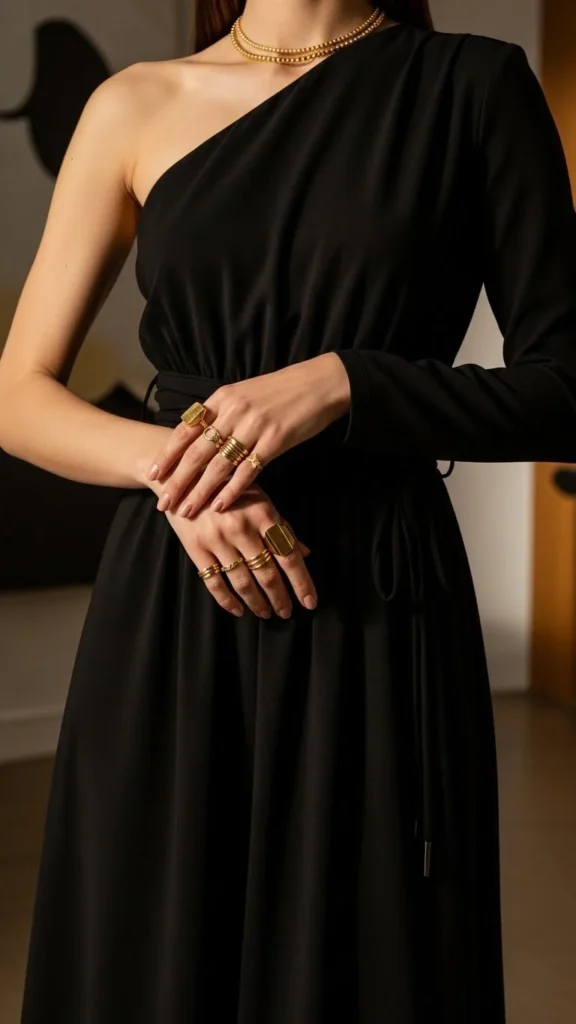 23. Black One-Shoulder Dress with Gold Rings