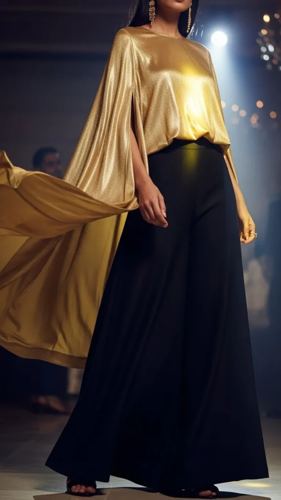 24. Black Palazzo Pants with Gold Cape Top