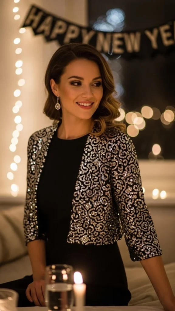 24. Sequin Shrug Over a Simple Dress