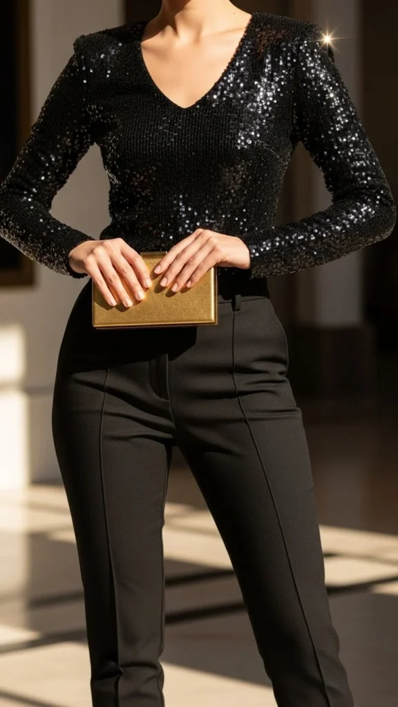 3. Black Sequin Top with High-Waist Black Trousers