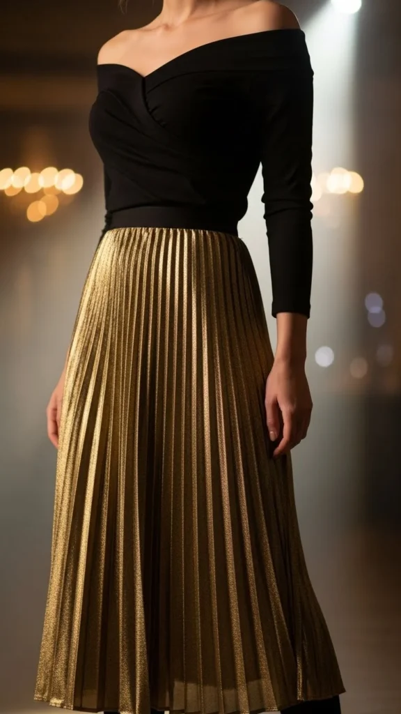 5. Black Off-Shoulder Top with Gold Pleated Skirt