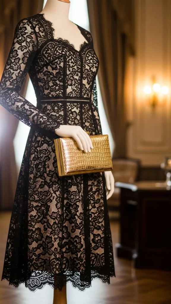 7. Black Lace Dress with Gold Clutch