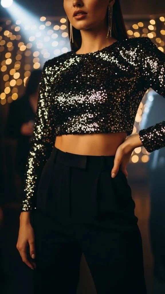 7. Sequin Crop Top with High-Waist Pants