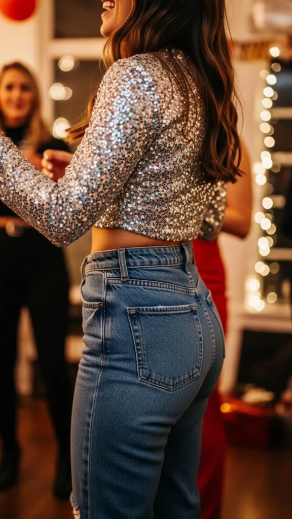 7. Sparkly Crop Top with High-Waist Jeans